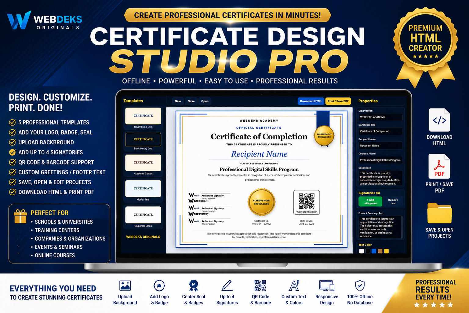 Certificate Design Studio Pro (Offline or Online HTML Certificate Creator)