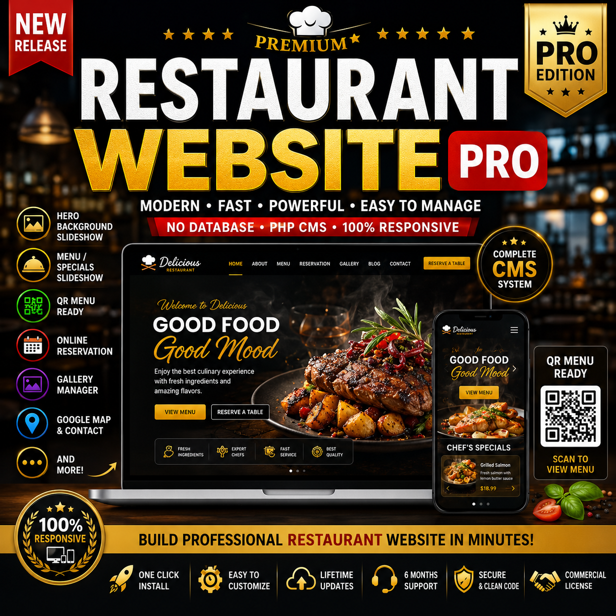 Restaurant Website PRO CMS (No Database PHP)